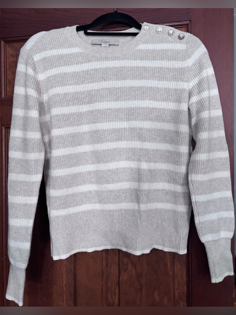 LOFT Cream & Light Gray Striped Button-Shoulder Crewneck Sweater